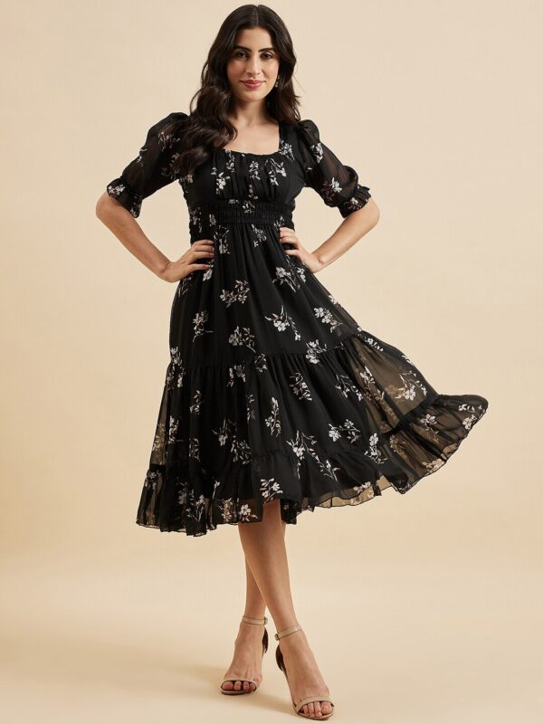 Black Blossom Chiffon Fit & Flare Midi Dress